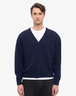Merino Wool V-Neck Cardigan - Navy Blue