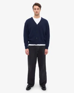 Merino Wool V-Neck Cardigan - Navy Blue