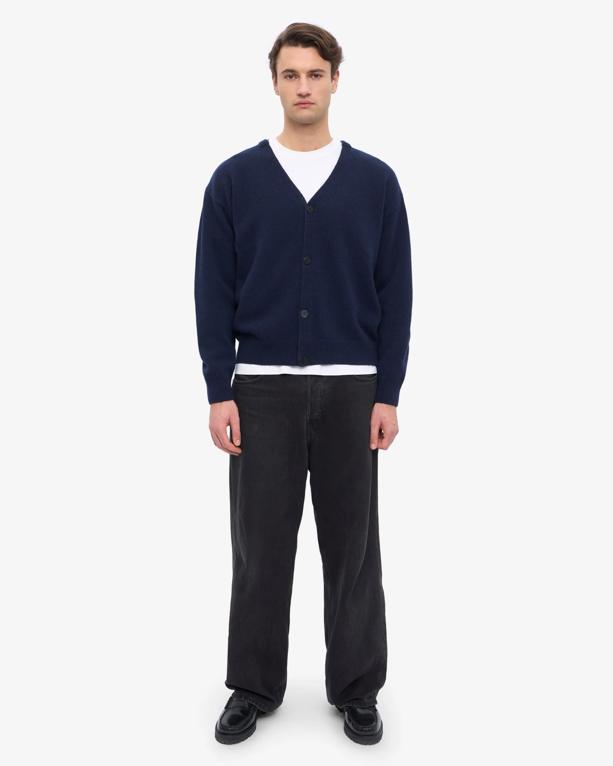 Merino Wool V-Neck Cardigan - Navy Blue