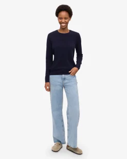 Women Light Merino Wool Crew - Navy Blue