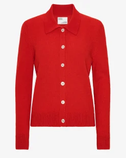 Women Merino Wool Collar Cardigan - Red Tangerine