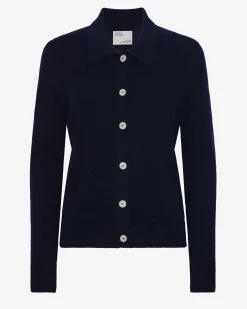 Women Merino Wool Collar Cardigan - Navy Blue