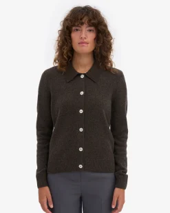 Women Merino Wool Collar Cardigan - Coffee Brown