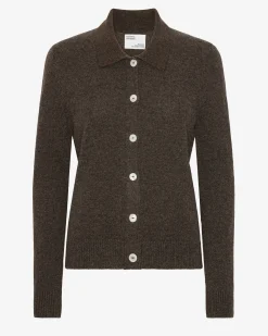 Women Merino Wool Collar Cardigan - Coffee Brown
